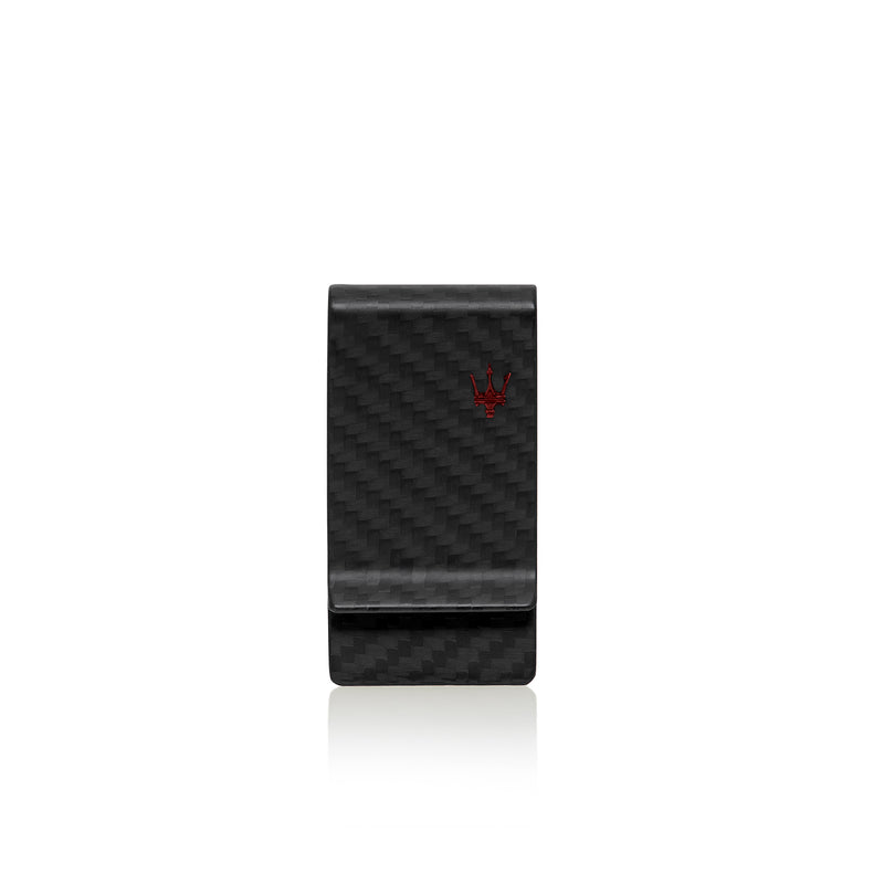Carbon money clip with red trident